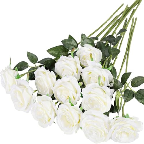 Witeygai 10 Stück Weiß Rosen Künstlich, Long Stem Fake Rose Seide Braut Hochzeitsstrauß Realistische Blume für Hausgarten Party Hochzeitssträuße Garten Wohnzimmer Hotel Heiratsantrag Deko
