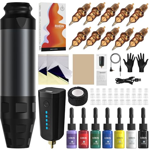 RHEIN Tattoo Machine Kit Cordless con 1600mAh Batteria 10pz Aghi Tattoo Cartucce 7 Colori Rotativa Tatuaggio Pen Macchinetta Tattoo Accessori Completi