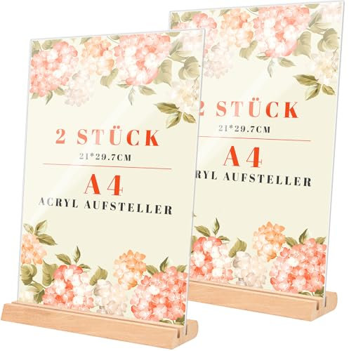 Seyaom 2 Stück Acryl Tischaufsteller A4 mit Holzsockel für Preisschild, 2-in-1 L&T Form Thekenaufsteller für Cafés Restaurants Ausstellungen (21 x 29,7cm)