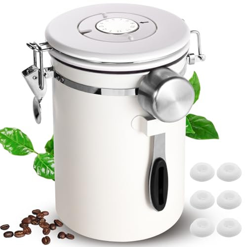 Esilihom Airtight Coffee Bean Storage, 1800ML Stainless Steel Coffee Canister with Measuring Scoop, Date Tracker & 6 CO2 valve, Beige