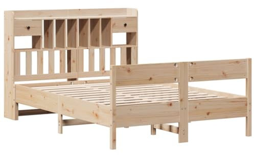 vidaXL Massivholzbett, Bett Kopfteil mit Bücherregal ohne Matratze, Bettgestell mit Lattenrost Fußteil, Holzbett Doppelbett für Schlafzimmer, 135x190cm Kiefer