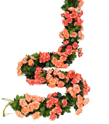 JUSTOYOU 2pcs 7.8FT zweifarbige künstliche gefälschte Rosengirlande Wein hängen Seide Blume künstliche Blume für Außen- und Innenhochzeit Wand schlechte Dekoration(orange, 13 Rosenköpfe)