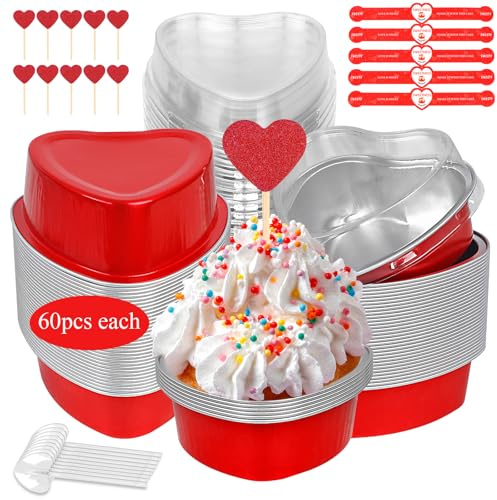 YQER 60 Pack Heart Shaped Cake Pans – 3.4oz Mini Aluminum Foil heart shape Cupcake pan with Lids, Spoons & Heart Stickers – Disposable Mothers Day Baking Tins Supplies for Gifts, Red
