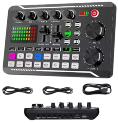F998 Carte son en direct, carte son en direct avec effets de mixage DJ et changeur de voix, 16 sons d'ambiance à effets spéciaux, suppression du bruit, pour karaoké Tiktok YouTube Live Streaming