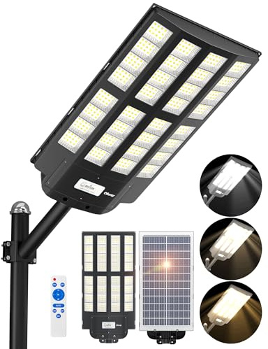 Ofuray Of-6200W Lampadaire Solaire Exterieur, 3000K/4000K/6500K Projecteur LED Solaire Exterieur avec Détecteur de Mouvement, Réverbère Lampe avec Télécommande, Étanche IP67 pour Rue, Cour, Grange