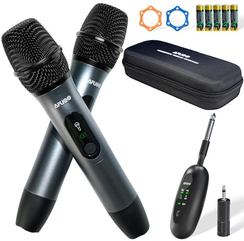 AFUOO Juego de micrófono inalámbrico para cantar, karaoke y eventos, receptor de doble micrófono, estuche de almacenamiento incluido, micrófono inalámbrico de metal de mano, paquete de 2 para máquinas