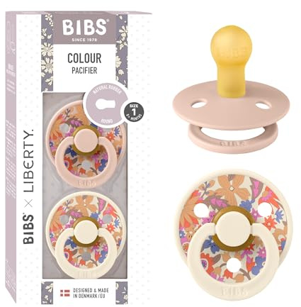 BIBS Liberty Pacifier | 2 Colour Natural Rubber Latex Soothers | Size 1 (0-6 Months) BPA Free Dummy Pacifier | Round Nipple | Designed & Made in Denmark | June Blossom Blush Mix