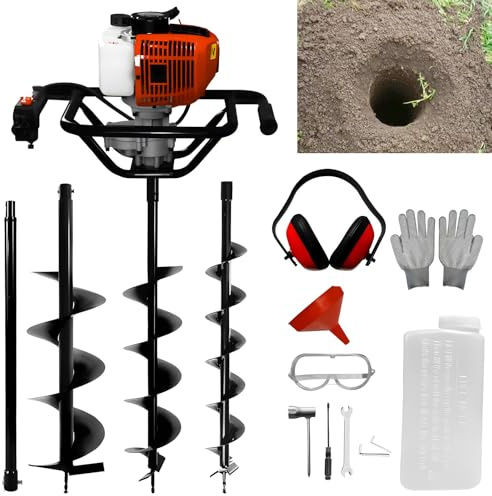 OKSTENCK Earth Auger Fence Post Hole Borer Ground 52cc Petrol Spiral Digger 3 Drill Bits Attachments 9000 Rpm 2 Stroke Comes with 4 6 8 Inch Extension Pole and 1 Extension Bar 60cm 9000 Rpm.
