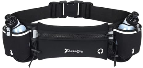 Laufgürtel mit 2 Trinkflaschen, Running Belt Handy Wasserdicht, Trinkgürtel rutschfest mit Reißverschlusstasche, Reflektierend Sport Hüfttasche für Joggen, Marathon & Outdoor
