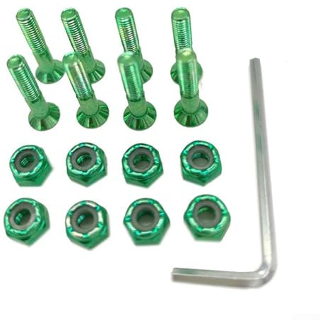 Lot de 8 pièces de matériel de skateboard : vis, écrous et clé en acier au carbone de 2,5 cm (vert)