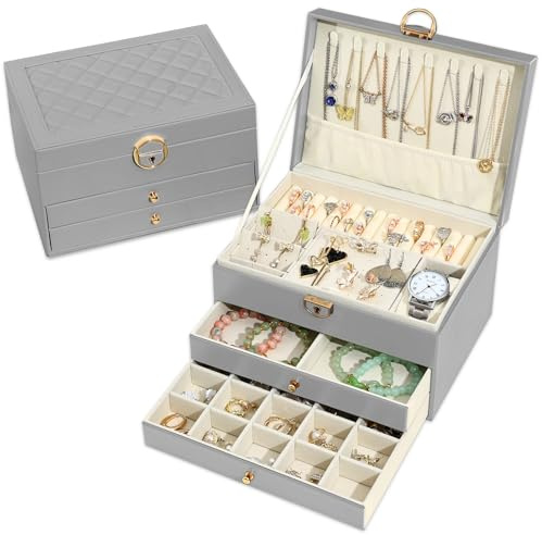 Granbest Boîte à bijoux à 3 niveaux avec 2 tiroirs, élégant coffret à bijoux en cuir, boîte à bijoux idéale pour colliers, bracelets, bagues et boucles d'oreilles (Gris)