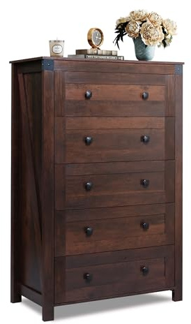 WLIVE Farmhouse Brown Dresser for Bedroom, 5 Drawer Dresser Storage Organizer, Tall Wood Dressers with Double Rustic Handle, Chest of Drawers for Living Room, Hallway, Closet