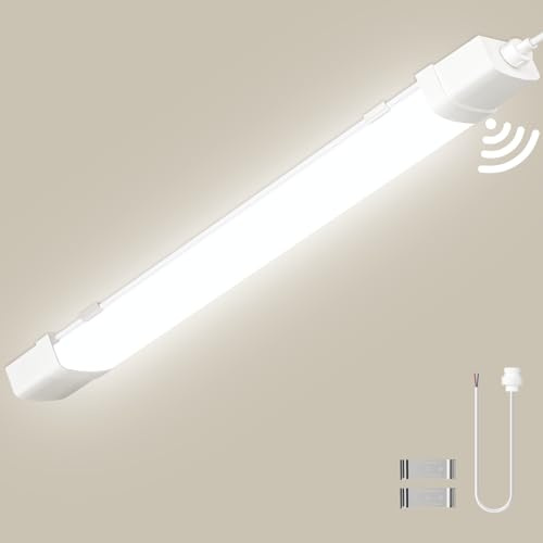 wowspeed 90CM LED Feuchtraumlampe mit Bewegungsmelder, 30W 3200LM Feuchtraumleuchte LED, 4500K Neutralweiß, IP65 Wasserdicht, Deckenleuchte Flach Wannenleuchte für Keller, Garage, Lager, Büro-1 Stück