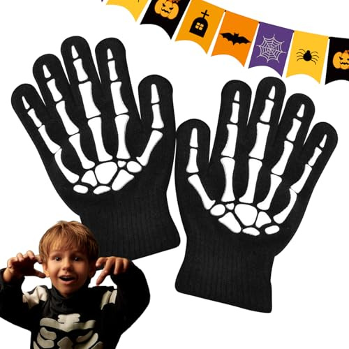 Yumneo Totenkopf Knochen Handschuhe | Halloween Vollfinger Skelett Handschuhe zum Radfahren - Halloween Kostüm Zubehör für Alter 5-12 Jahre Kinder