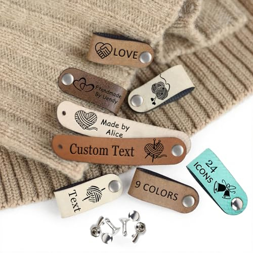12 personalisierte Lederetiketten mit Nieten für Handarbeiten (C2.5 * 0.6) | Handmade Labels aus Kunstleder Handmade with Love für Häkel- und Strickprojekte personalisierbar mit Namen Text oder Symbolen