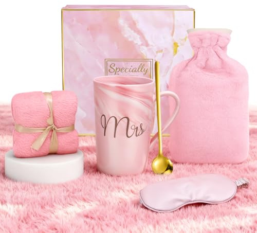 Mittimiya Set de Regalo para Botella de Agua Caliente, Botella de Agua Caliente de Invierno con Funda Y Taza, Cuchara, Toalla y Antifaz, Regalos para Mujeres(Rosa)