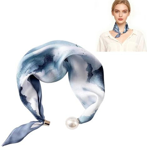 MIUPOO Magnetic Pearl Scarf,Satin Scarves for Women,Classic Printing Scarf,Elegant Neck Tie,Hair Bandanas Scarves,1 Piece. (1, light blue)