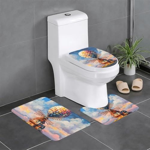 Flanell Anti-Rutsch-Bodenmatte, dreiteiliges Set, 61 x 40,6 cm, YYHWHJDE Ballon-Windmühle, Bild, dick und saugfähig, für Badezimmer und WC