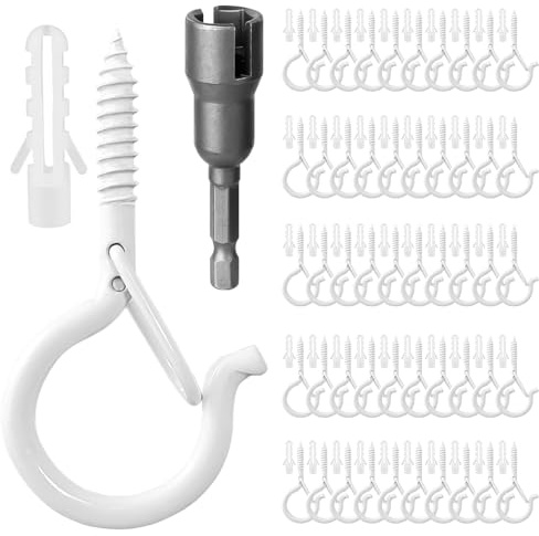 Forbabe 50 piezas de ganchos de rosca negros, ganchos de rosca de diamante de acero inoxidable con hebilla, para macetas colgantes, campanillas de viento y cadenas de luces decorativas (blanco)