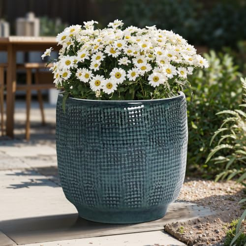Hometopia Keramik Blumentopf groß & rund mit Ablaufloch, Ø30cm, Marineblau | Keramik, Frostsicher&Wetterfest, Massiver Pflanzkübel mit Drainage-Loch für Balkon&Garten,Terrasse,Wohnzimmer Ø30xH28 cm