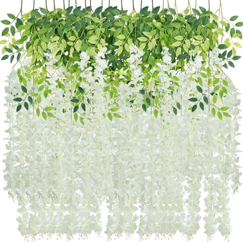LUZOGA 48 Pack Artificial Wisteria Hanging Flowers Fake Wisteria Flower Silk Vines Rattan Decor for Home Wedding Arch Wall Garden Greenery Bedroom Outdoor Office Party Decoration (White)