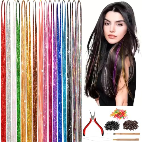16 Couleurs Hair Tinsel, 3200 Pièces Mèches de Cheveux à Paillettes avec Outils, 120cm Extensions de Cheveux Colorées, Paillettes pour Cheveux pour Cosplay Party pour Femmes et Adolescents
