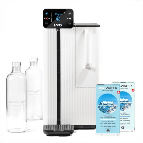 LANGWATER Auftisch Osmoseanlage mit Anpassbarer Mineralisierung & Heißwasserspender - Umkehrosmoseanlage mit 4-stufigem Wasserfilter & 2 Mineralpacks - 1-Liter-Glasflasche mit Metallverschluss