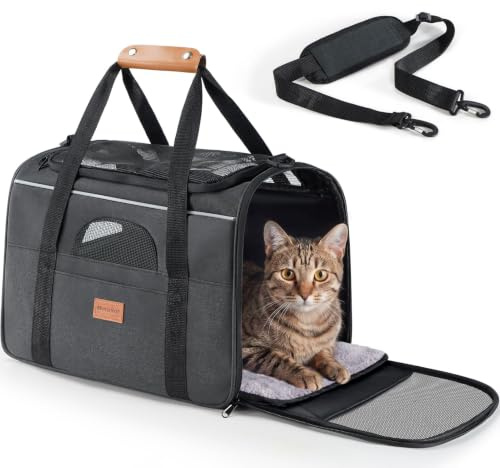 Morpilot Sac Transport Chat Chien, Caisse de Transport Chat Respirant et Pliable Cage Transport Chat avec Matelas en Peluche Amovible + Bol (Accepté au Maximum 15lbs/7kg，42 * 28 * 28cm)