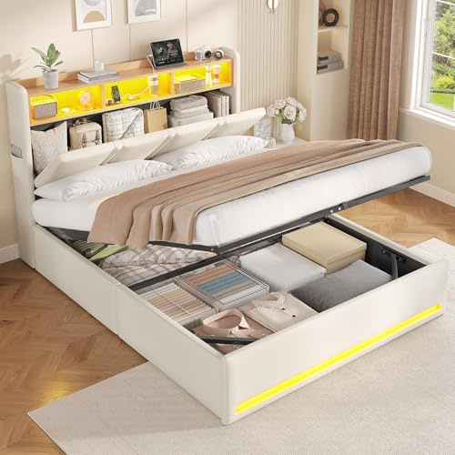 AOGLLATI Polsterbett 140x200, Bett mit Hydraulischem Stauraum, LED-Beleuchtung & Steckdosen, Gepolstertes Kopfteil mit Stauraum, Doppelbett mit Lattenrost, Stauraumbett, Beige Leinen (ohne Matratze)