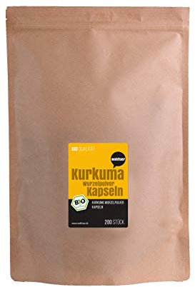 Wohltuer Bio Kurkuma Kapseln 200 Stück mit 100% Bio Kurkuma ohne Zusätze + In veganer Kapsel + Rohkostqualität + Natur pur + DE-ÖKO-006