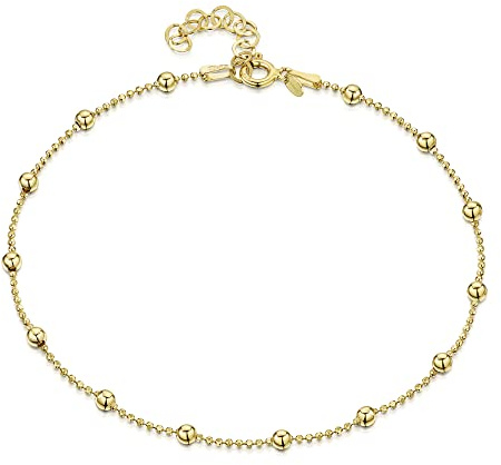 Amberta 925 Sterlingsilber Vergoldet 18K Fußspange – 3,2 mm Kugelkette mit größeren Kugel Fußkettchen Armband – 22 bis 25,5 cm – Flexibel Verstellbar
