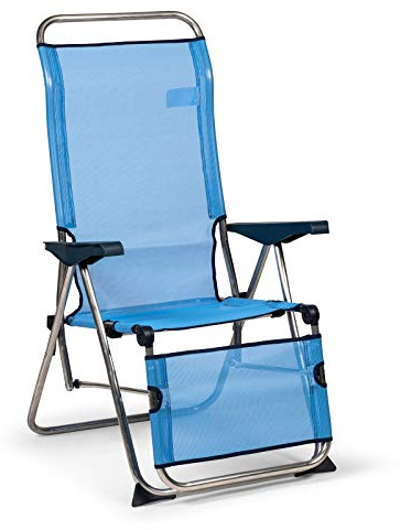 SOLENNY Strand- und Gartenstuhl, klappbar, mit anatomischer Rückenlehne, 75 x 63 x 114 cm, 5 Positionen in Blau, waschbarer Stoff und Stabilisator-Füße für mehr Sicherheit