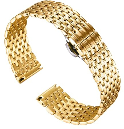 BINLUN Ultra Dünnes Mesh Edelstahl Uhrenarmbände Leicht Metall Uhrenarmband Polierte Ersatz Uhr Armband für Herren Damen mit Schmetterlingsschließe(14mm Gold)