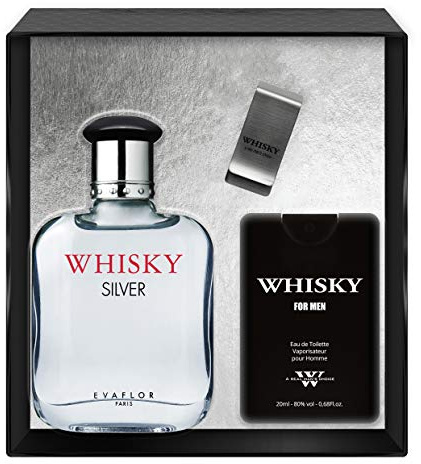 EVAFLORPARIS Whisky Silver Coffret pour Homme Eau de Toilette 100 ml + Parfum de Voyage 20 ml + Money Clip Vaporisateur Spray Parfum Homme 120 ml