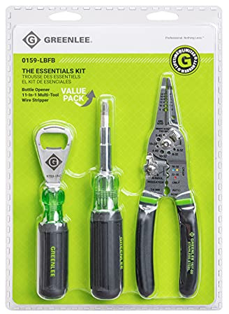 Greenlee, ‎0159-LBFB, kit de herramientas para electricista de 3 piezas con pelacables de acero inoxidable, cortador y crimpador, destornillador multibroca 11 en 1 y abridor de botellas de acero