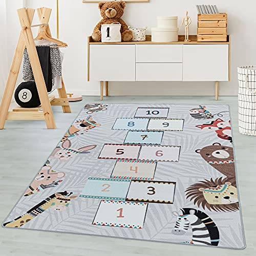 Carpetsale24 Kinderteppich Grau 80x120 cm Hüpfkästchen Design Modern rutschfest Waschbar Pflegeleicht Extra Weich Antiallergen Babyteppich Kinderzimmer Jungen Mädchen