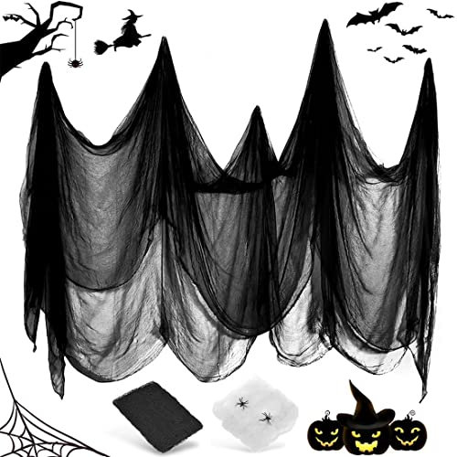 Tela Espeluznante de Negro 215 x 500 cm+Halloween Tela Araña,Gasa Negra de Halloween,60g Telarañas Blanca Decor con 30 Arañas Falsas,Tela Espeluznante para Halloween Party Terror Decoracion Casa