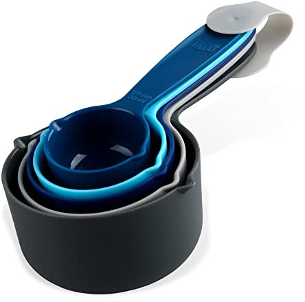 Tasty 5-Piece Measuring Cups Set for Baking, Nesting Cups Set, Plastic Measure Cups Set, Baking Measuring Cups, Baking Gadgets, Dimensions: 1/8, 1/4, 1/3, 1/2, 1 Cup, Colours: Light Blue, Blue, Grey