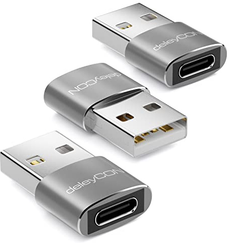 deleyCON USB C Adapter, 3 Stück, C Buchse auf A Stecker - Silber | Für Ladekabel, Datenkabel, Ladegerät, Powerbank, iPhone 17 16 15, iPad, AirPods, Watch, Galaxy S26/S25/S24