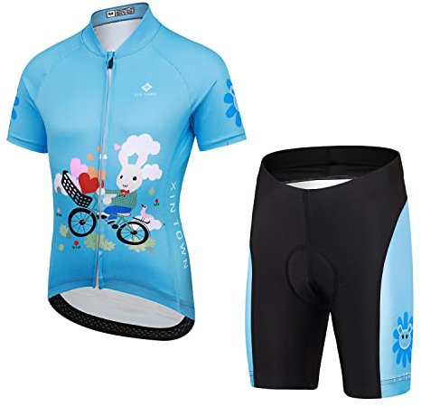 Amur Leopard Mädchen Radsport Fahrrad Trikot Jungen Radhose mit Polster Radtrikot Kinder Sport Shirt + Kurze Fahrradhose, Blau(Radtrikot-Set), M
