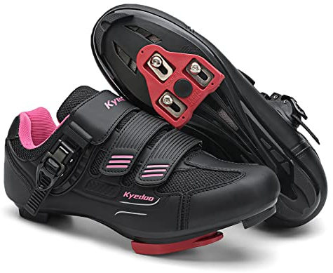 Womens Cycling Shoes Compatible with Peloton Bike Clip in Ladies Indoor Cycling Road Bike Riding Biking Shoes, Pre-Installed Delta Cleats Size 7.5 Black Pink