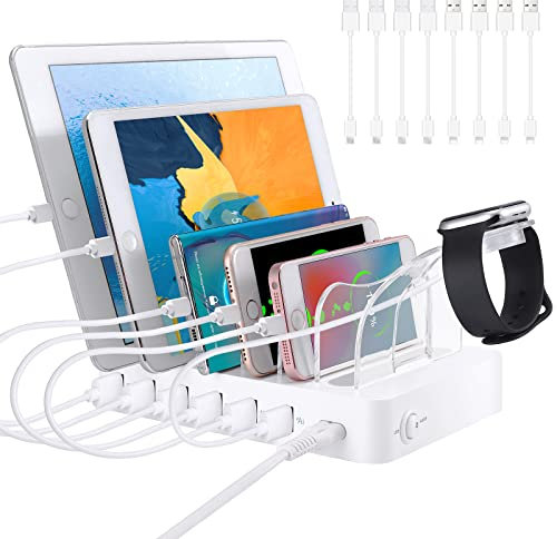 PRITEK Stazione di ricarica con 8 cavi di ricarica brevi, 60 W, porta USB per caricabatterie da scrivania, dock di ricarica compatibile per telefono tablet e dispositivi elettronici multipli (bianco)
