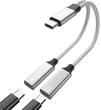 TRANLIKS Adapter Dual USB C, USB C Splitter mit PD 60 W Audiokabel Aux Schnellladung für 15/16/17 und andere Typ C Geräte– Schwarz