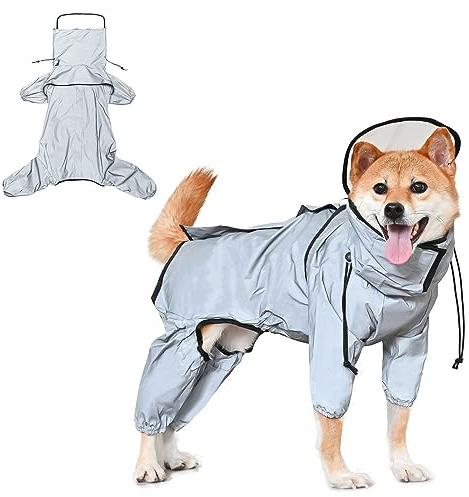 Avont Regenjacke Hunde Reflektierende Regenmantel wasserdichte Sichere Hiking Reißverschlüsse Hundemantel, mit 4 Beine & Durchsichtige Kapuze für Kleine, Mittelgroße und Große - Silbrig -M
