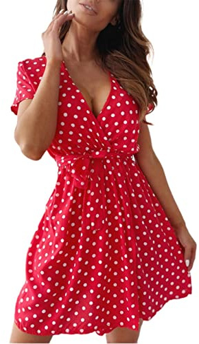 AMDOLE Robe d'été décontractée à manches courtes pour femme - Imprimé à pois - Robe d'été décontractée pour femme, Rouge, S