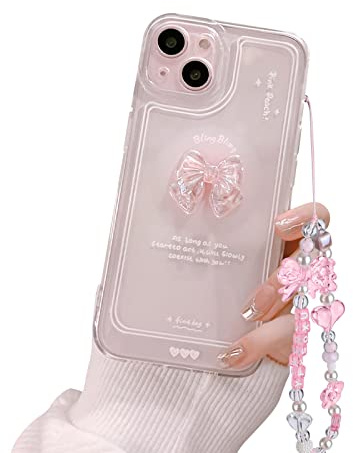 Ownest Compatible with iPhone 15 Case, Cute 3D Pink Bowknot Slim Clear Aesthetic Design Women Girls Sparkly Protective Phone Cases for iPhone 15 +Glitter Crystal Chain