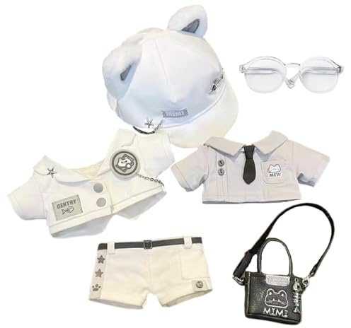 niannyyhouse 20 cm große Plüschpuppe, Kleidung, Hut, Mantel, Hemd, Hose, Rucksack, Brille, weiße Katze, Set, 20,3 cm, Puppenzubehör