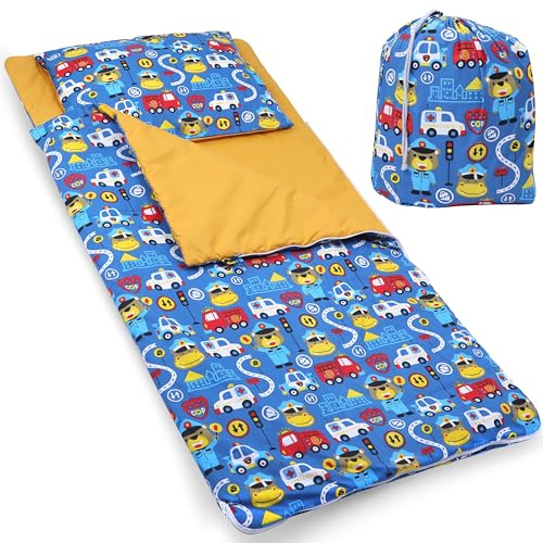 PinkZebra Schlafsack Kinder 140 x 75 cm + Kissenbezug 60 x 40 cm & Beutel, Indoor für Kindertagesstätte Kindergarten Deckenschlafsack, (bis 135 cm Kindergröße), Öko-Tex, Bär Polizist