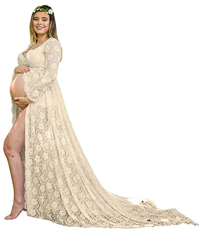 Robe Grossesse Dentelle Shooting Photo Manche Longue Col V Robe Maternité Fête Soirée Cérémonie Photographie Maxi Robe Grossesse Chic Et Elegant Pas Cher Mariage