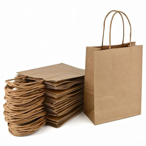 MAOOY Papiertüten mit Henkel 100Stück Kleine GeschenktütenPapiertaschenBraun15 X 8 X 21 Cm KraftpapiertütenPapiersackerlPapiertragetaschen für EinkaufstüteSüßigkeitenHochzeitGeburtstagpartyWeihnachten